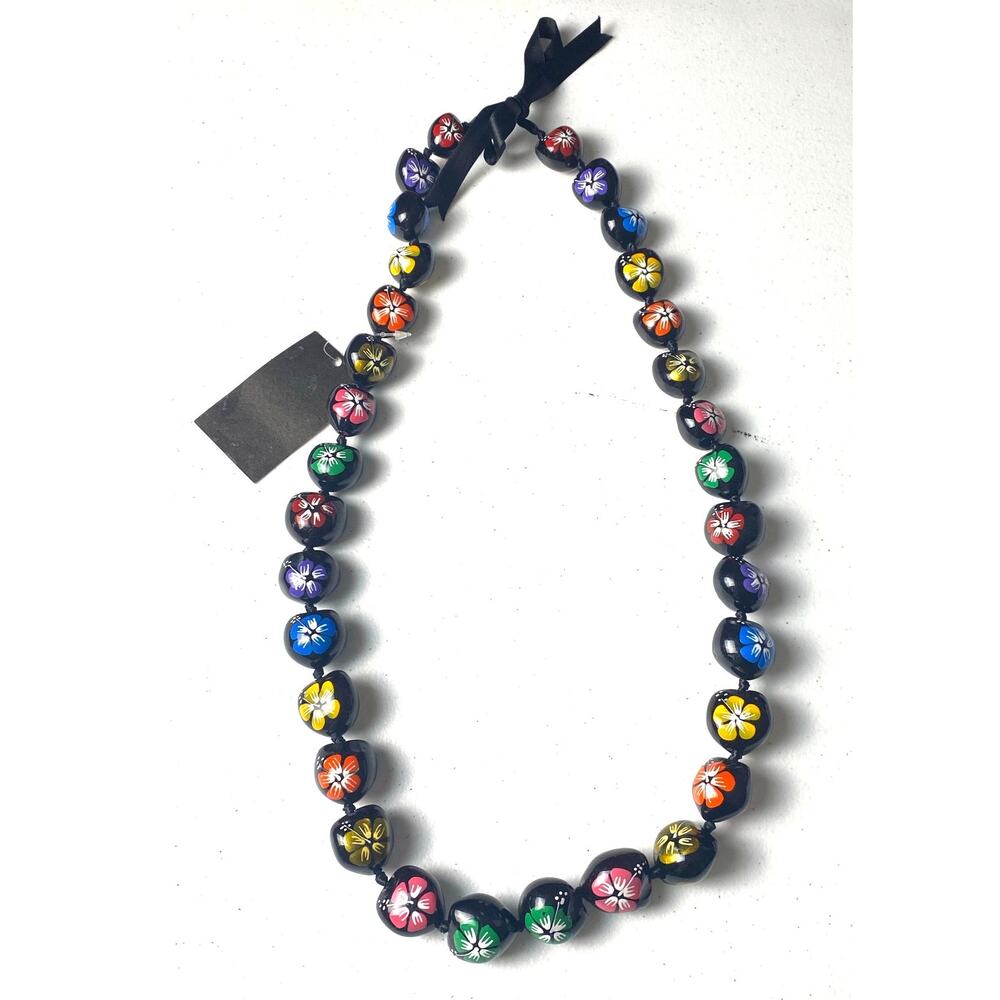 Hawaiian Kukiu Nut Lei Black Multicolored Painted Hibiscus Ribbon Tie Necklace